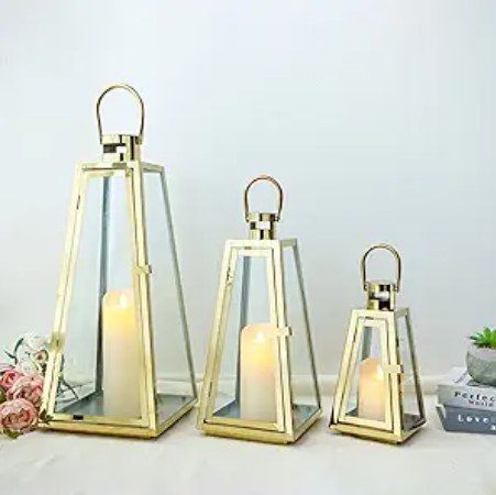 TRIROCKS Set of 3 Stainless Steel Candle Lantern 11/16/21''H Metal Outdoor Candle Holder Decorative Hanging Lantern with Tempered Glass for Home Living Room Parties Event Indoor Outdoor(Gold Triangle)