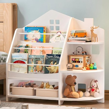 3 Tier Kids Bookshelf Bookcase, House Shape Book Shelf for Kids Rooms Nursery, Montessori Bookshelf, Kids Book Shelf and Toy Storage for Toddler Children, White