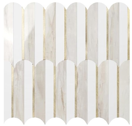 Best High-End Looking Peel and Stick Backsplashes 5 Vamos Tile Peel and Stick Backsplash Seamless Tile for Kitchen and Bathroom,White and Glossy Wooden Marble PVC Mixed Light Gold Self Adhesive Fish Scale Metal Mosaic Tiles (10 Sheets)