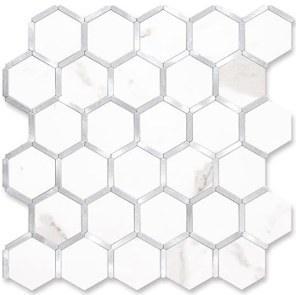 Best High-End Looking Peel and Stick Backsplashes 6 STICKGOO Hexagon Peel and Stick Backsplash Tile, Stick on Backsplash for Kitchen and Bathroom, White Marble Look PVC Mixed Metal Silver Self Adhesive Wall Tiles(10 Sheets, Seamless)