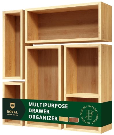 Acrylic vs. Bamboo: Which Drawer Organizer Material Wins 2 ROYAL CRAFT WOOD 5-Piece Bamboo Drawer Organizer Set – Multi-Use Storage Trays for Kitchen, Bathroom, Office, Makeup, Jewelry & More – Junk Drawer Tray, Utensil Holder, Storage Box & Bin Set (5 Boxes)