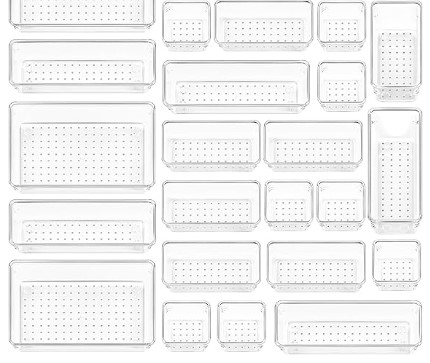 Acrylic vs. Bamboo: Which Drawer Organizer Material Wins 5 Vtopmart 25 PCS Clear Plastic Drawer Organizers Set, 4-Size Versatile Bathroom and Vanity Drawer Organizer Trays, Storage Bins for Makeup, Bedroom, Kitchen Gadgets Utensils and Office