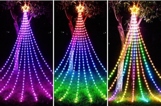 Outdoor Christmas Decorations, 11.8FT RGB Color Changing Christmas Hanging Waterfall String Lights with Star, APP Remote Control, DIY Multi-Color Lightshow, Music Sync, Xmas New Year Decor