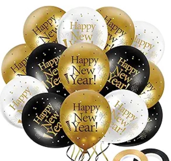 45 Pieces 12 Inch Happy New Year Latex Balloons, White Gold Black New Year Party Latex Balloon with 2 Pieces Black and Gold Ribbon Decorations for 2025 New Year's Eve Party Indoor Outdoor Supplies