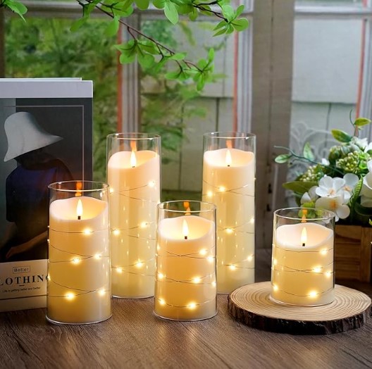 Flameless Candles,with Embedded Star String, with Remote Control and Timer, Suitable For Weddings, Parties, Festivals and Other Occasions to Create Atmosphere ，Set of 5 (D 3"×H 4" 5" 6" 8" 8") (Ivory)