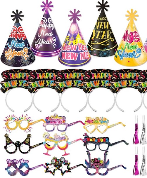 HOWAF New Years Eve Party Supplies -42pcs Happy New Year Cone Hats Fringed Noisemaker Headpieces Paper Eyeglasses for 2025 New Year Eve Party Decoration Favors, 2025 Decorations Kit for Kids Adults