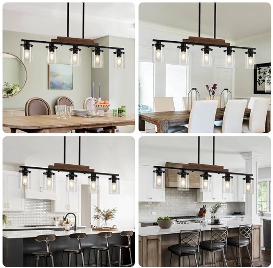 Dining Room Light Fixture Over Table,Farmhouse 5-Light Kitchen Island Lighting, Linear Chandelier with Clear Glass Shades, Modern Rustic Wood Chandelier with Adjustable Height