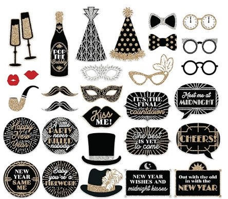 Fully Assembled New Years Eve Photo Booth Props - Set of 30 - New Years Eve Selfie Signs - 2025 New Years Eve Party Supplies & Decorations - with Real Gold & Silver Glitter - Did we Mention no DIY?
