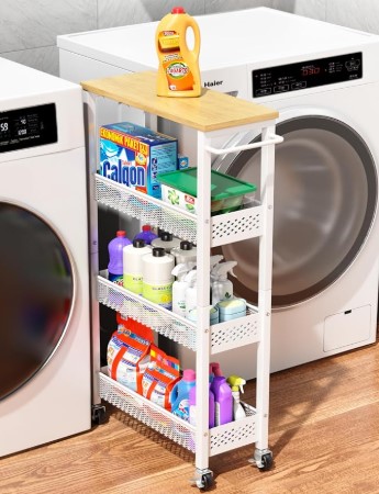 Utility Slim Storage Cart, 4 Tier Small Rolling Kitchen Laundry Room Cart with Wood Top, Metal Narrow Bathroom Storage Cabinet Mobile Shelf Unit Organizer Trolley with Handle for Narrow Space