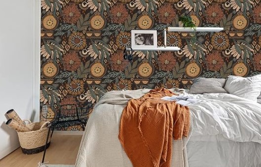 HAOKHOME Wallpaper Peel and Stick Floral Boho Brown/PeachPuff/Green Retro Wall Decor Bathroom Removable Mural 17.7in x 9.8ft