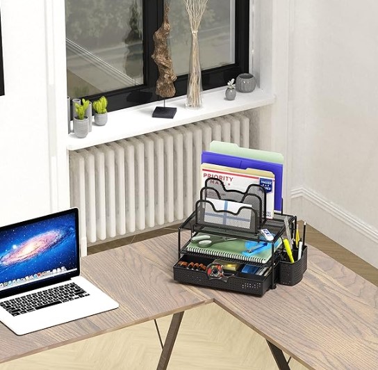 Best Desktop Organizers for Minimalist Standing Desk Setups 2 Simple Houseware Mesh Desk Organizer with Sliding Drawer, Double Tray and 5 Stacking Sorter Sections, Black