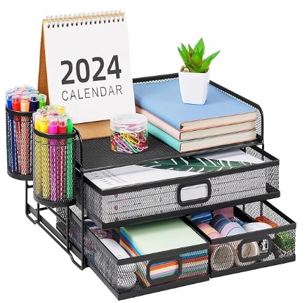 Best Desktop Organizers for Minimalist Standing Desk Setups 4 Marbrasse 3 Tier Mesh Desk Organizer with Drawer, Multi-Functional Desk Organizers and Accessories, Paper Letter Organizer with 2 Pen Holder for Home Office Supplies (Black)