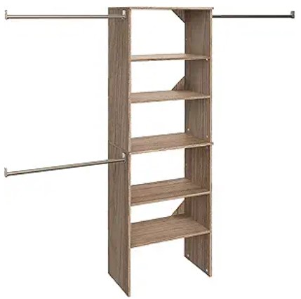 Best Modular Closet Systems for Reach-In vs. Walk-In Spaces 4 ClosetMaid SuiteSymphony Wood Closet Organizer Starter Kit with Tower and 3 Hang Rods, Shelves, Adjustable, Fits Spaces 5 – 10 ft. Wide, Natural Gray