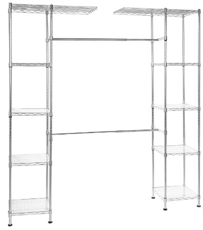 Best Modular Closet Systems for Reach-In vs. Walk-In Spaces 6 Amazon Basics Expandable Adjustable Metal Closet Organizer with Hanging Rod, Clothes Rack, Shelves, 57-80 x 14 x 72 inches (LxWxH), Chrome