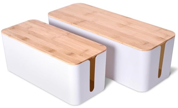 Top 5 Cable Management Boxes for Under-Desk Cord Chaos 4 2 Pack Large Cable Management Box – Wooden Style Cord Organizer and Cover for TV Wires, Computer, Router, USB Hub and Under Desk Power Strip – Safe ABS Material and Baby-Pets Proof Lock (White)