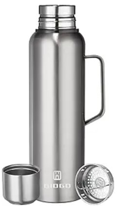Insulated Vacuum Thermo Bottle 1500ml/50.7oz with Cup Stainless Steel Coffee Bottles for Hot and Cold Drink Water Flask.(Silver, with Handle, 1500ml)