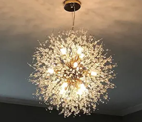 Gold Crystal Chandeliers, 12-Light Modern Firework Pendant Lighting, G9 Dandelion Chandelier Light Fixtures for Dining Room Bedroom Living Room Restaurant Kitchen Aisle Hallway