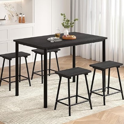 VECELO Kitchen Table and Chairs for 4, Dining Room Set with Chairs/Stools, Heavy-Duty Metal Frame with Wooden Tabletop for Small Spaces, Easy Assembly, Elegant Black