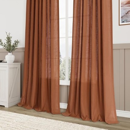 Boho Terracotta Linen Curtains 2 panels for Living Room Bab Tab Light Filtering Sheer Window Curtains Traditional Farmhouse Retro Rust Color Room Decor Desert Earthy Tone Drapes 95 inches Long 52x95