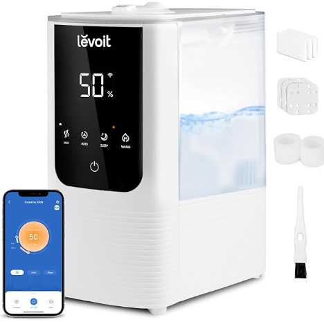 Best Ultrasonic Cool Mist Humidifiers for Allergy Symptom Relief 2 LEVOIT Humidifiers for Bedroom Home, Smart Warm and Cool Mist Air Humidifier for Large Room, Auto Customized Humidity, Fast Symptom Relief, Easy Top Fill, Essential Oil, Quiet, OasisMist4.5L, White