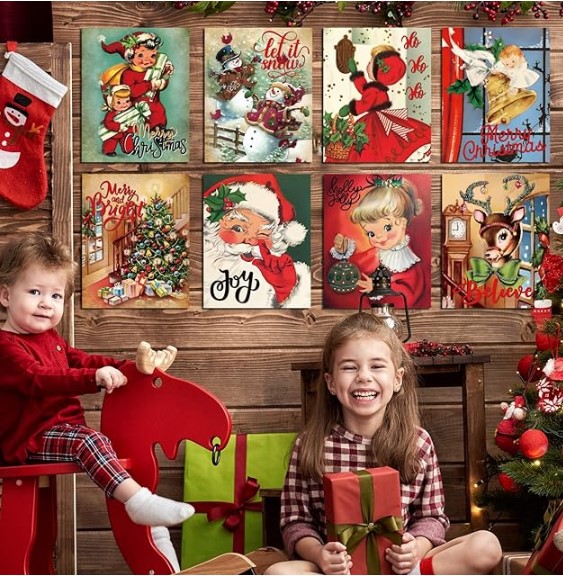 12 Pcs Christmas Wall art Vintage Xmas Wall Picture Decor Holiday Santa Snowman Girl Retro Art Poster for Modern Family Home Living Room Bedroom Merry Christmas Winter Painting Decor 8 x 10 Inch