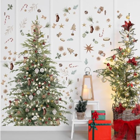98 Pcs Large Christmas Tree Wall Decals 13 x 13.7 Inch Giant Peel Stick Removable Christmas Tree Wall Stickers Rustic Modern DIY Watercolor Decals for Xmas Home Living Room Bathroom Bedroom Decor