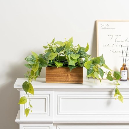 Spring Budget Mantel Decor Ideas That Save Money 1 MyGift Vibrant Lifelike Artificial Plant Pothos Leafy Vine Greenery in Natural Solid Acacia Wood Rectangular Planter Box