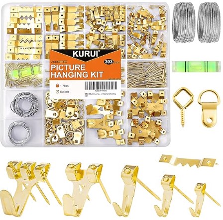 Best Picture Hanging Kits for Heavy Mirrors and Art 6 KURUI 303Pcs Picture Hanging Kit, Picture Hangers Assorted Kit with Heavy Duty Picture Hanging Hooks/Hardware Nails/Sawtooth/Wire/D Rings/Level, Metal Picture Wall Hooks for Frame Canvas Mounting