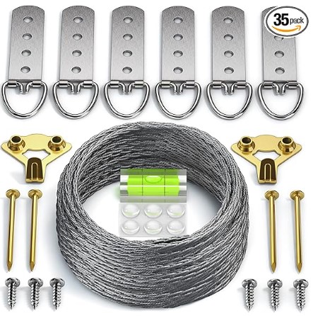 Best Picture Hanging Kits for Heavy Mirrors and Art 7 Heavy Duty Picture Wire Hanging Kit - D-Ring, Screws, Hanging Hooks,Level. Supports up to 100 lbs 50+ Feet (15.25M) Stainless Steel Wire Hanger