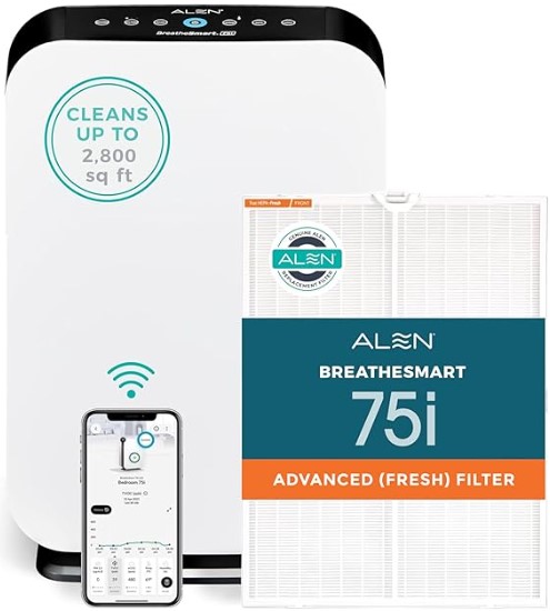Best HEPA Air Purifiers for Large Open-Concept Living Rooms 7 Alen Air Purifier BreatheSmart 75i HEPA with Fresh Filter + Carbon for Large Rooms up to 2800 Sq. Ft - for Living Room & Kitchen - Captures Allergens, Dust, & Mold + Household Odors & Smoke - White