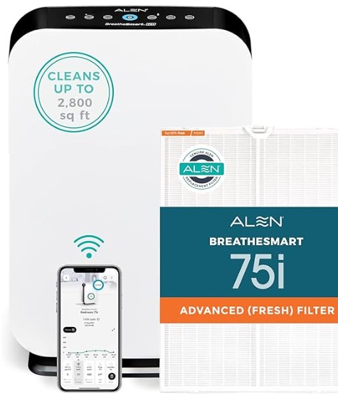 Best Air Purifiers with "Dual-Carbon" Filters for Cooking Odors 4 Alen Air Purifier BreatheSmart 75i HEPA with Fresh Filter + Carbon for Large Rooms up to 2800 Sq. Ft - for Living Room & Kitchen - Captures Allergens, Dust, & Mold + Household Odors & Smoke - White
