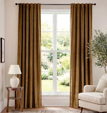 Best Velvet Curtains for Sound Dampening and Thermal Control 7 Lazzzy Blackout Golden Brown Velvet Curtains Rod Pocket 52×84 Inch 2 Panels
