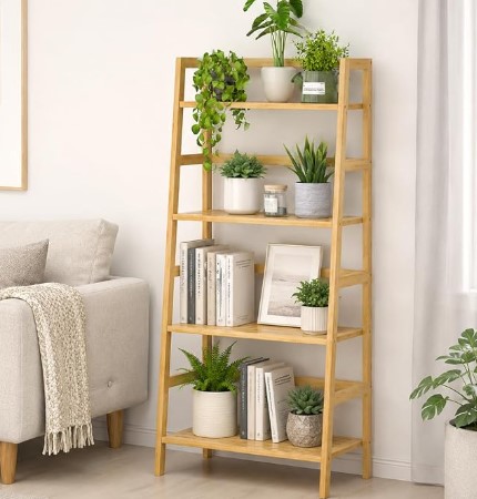 Best Bamboo and Rattan Furniture for a Low-Carbon Footprint Home 2 Bamboo Ladder Shelf, 4-Tier Wooden Ladder Bookshelf & Bookcase Organizer